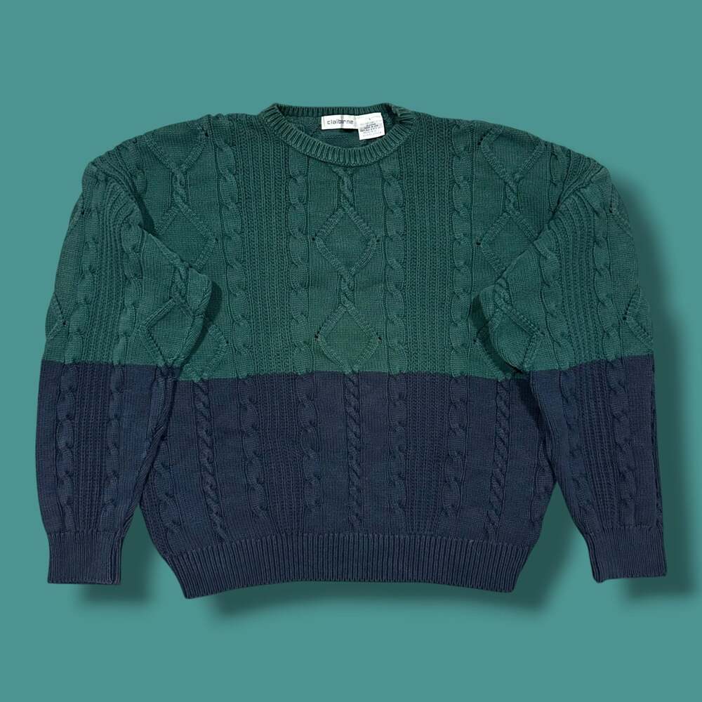Vintage Cable Knit Sweater Crewneck Pullover 90s Colorblock Cotton Womens Large